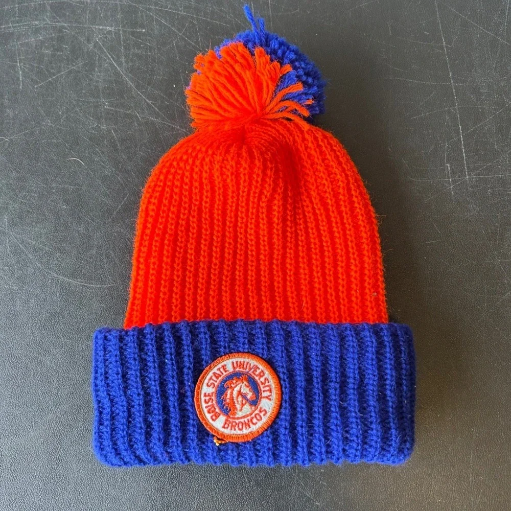Vintage 70's Boise State University Broncos Beanie Orange Blue Pom Pom Knit Hat